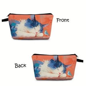 Sleeping Grey White Cat  with Bird Red Background Cute Makeup Bag -‎ New